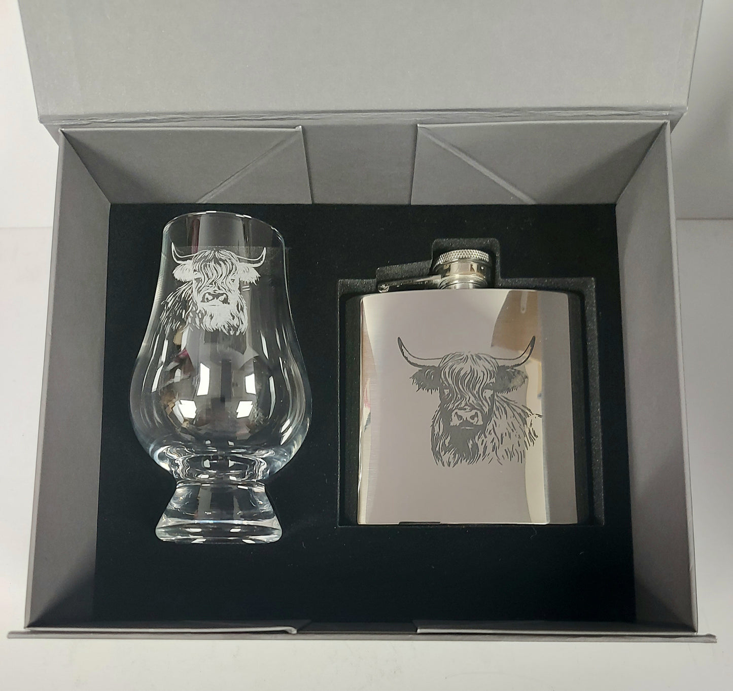 Alcohol glass and flask set with highland cow design in a box