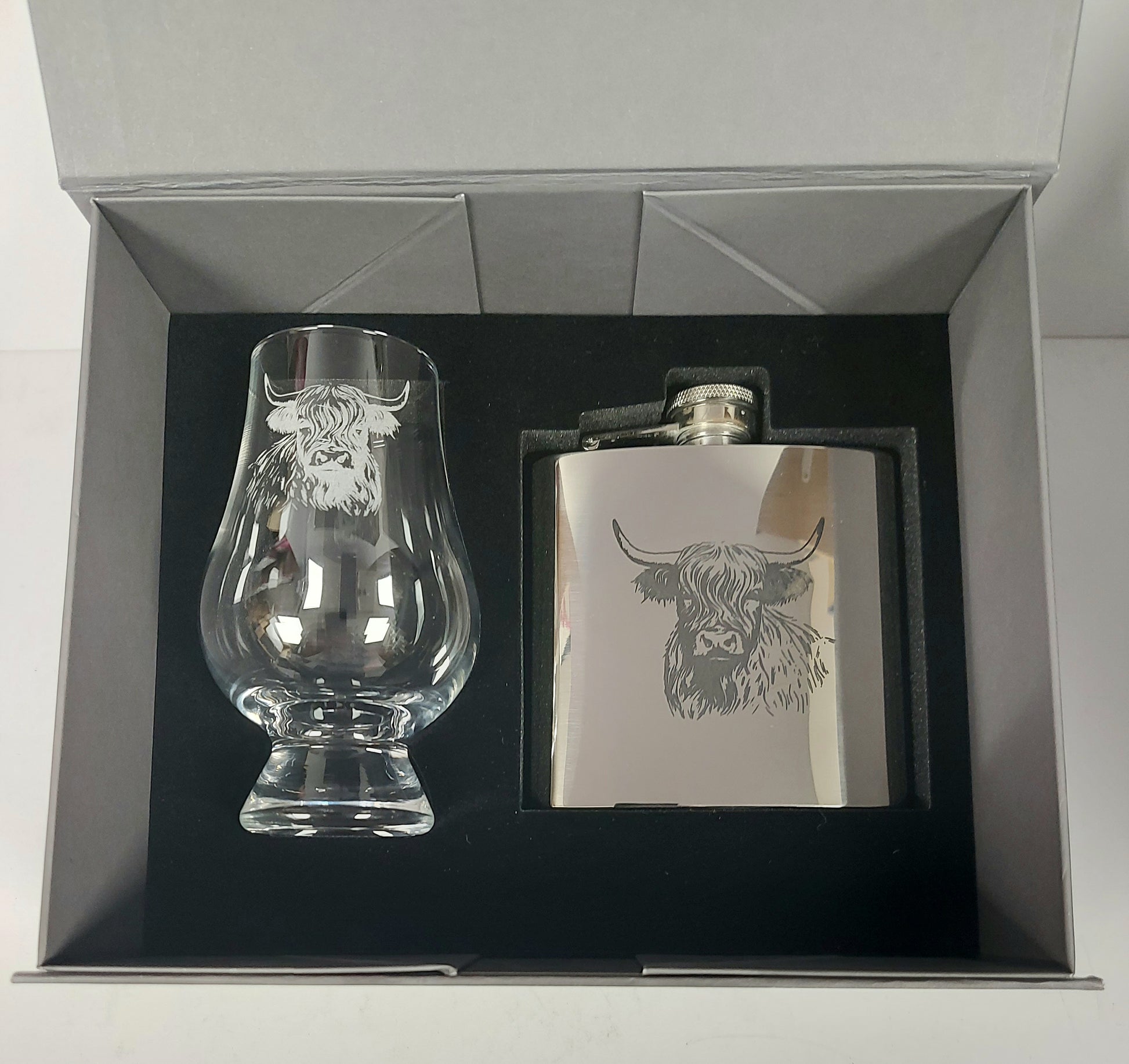 Alcohol glass and flask set with highland cow design in a box